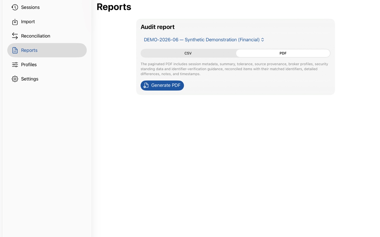 The Reports screen shows CSV and PDF options and the Generate PDF button.