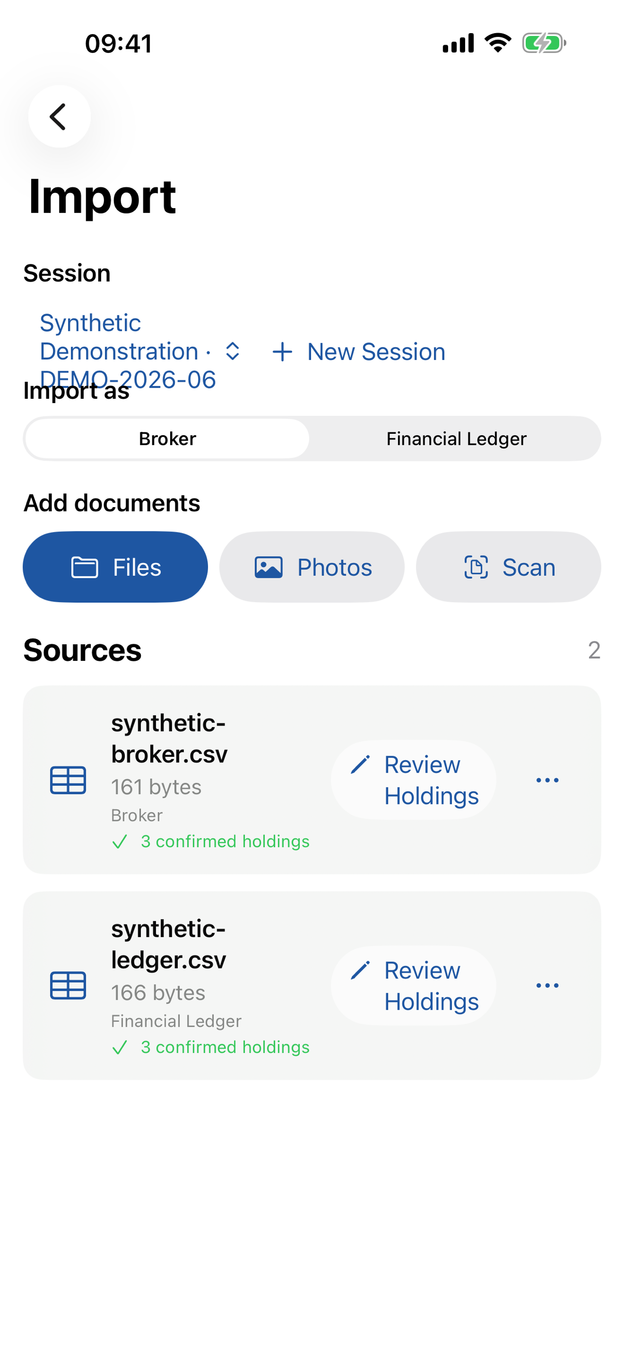 The Import screen shows Broker and Financial Ledger roles, three import methods, and two confirmed synthetic sources.