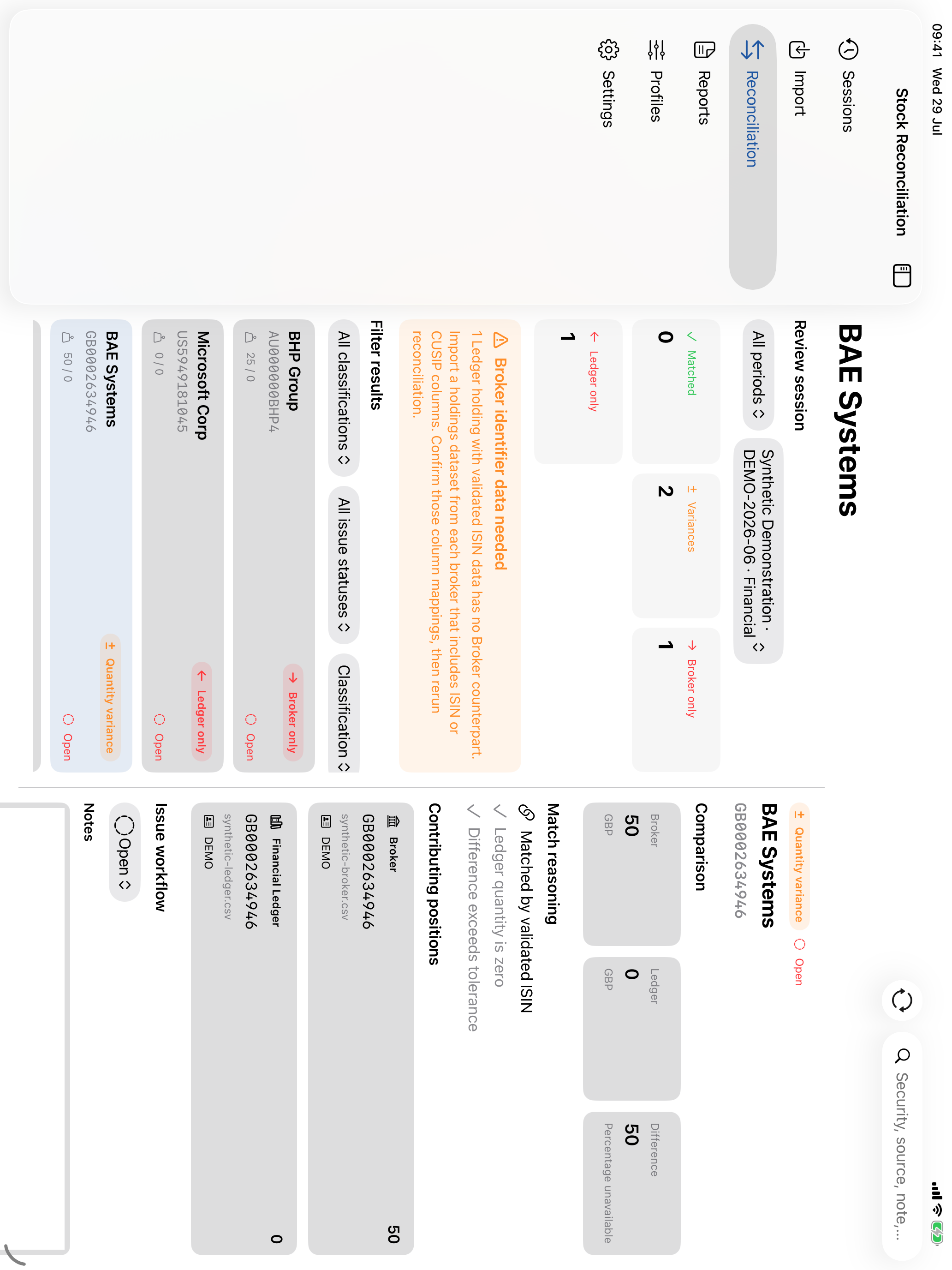 The Reconciliation screen shows summary classifications, identifier guidance, filters, and result rows.